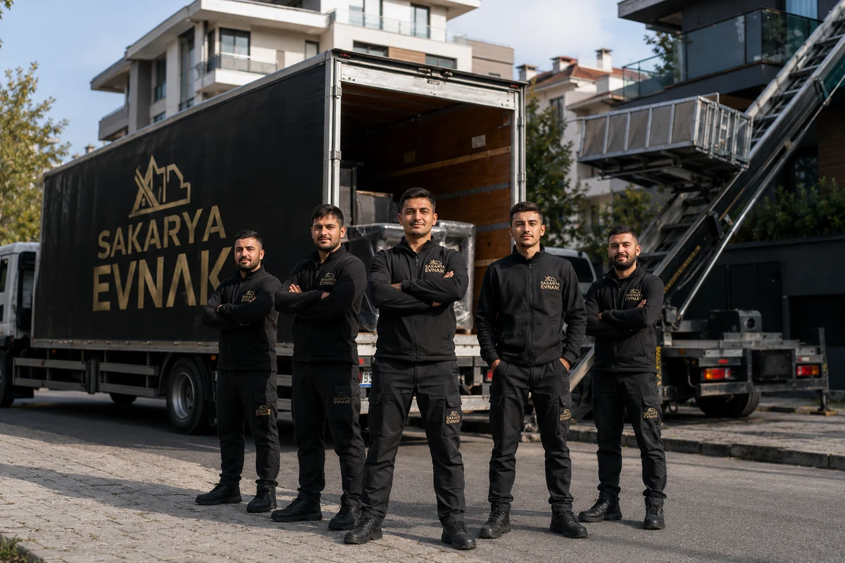 Sakarya Evnak profesyonel taşıma ekibi — üniformalı kadro nakliyat kamyonu önünde