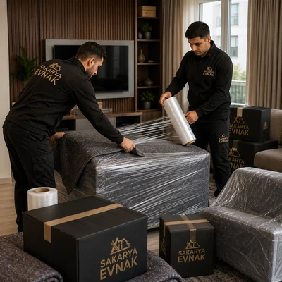 Sakarya Evnak görevlisi eşyayı streç film ve balonlu naylonla paketlerken